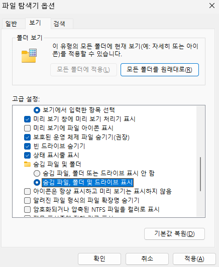 숨겨진 파일 표시