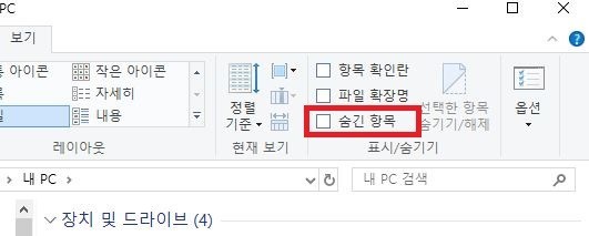 윈도우 10 숨김 파일 및 폴더 표시