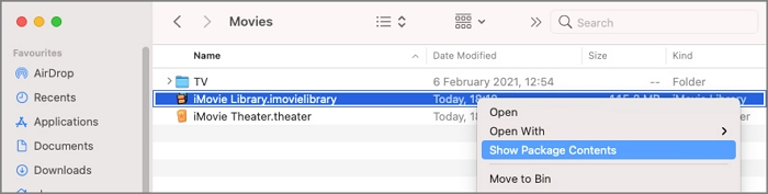 iMovie의 패키지 내용 표시