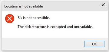 디스크 구조가 손상되어 읽을 수 없음