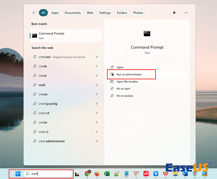 검색 상자를 사용하여 명령 프롬프트 실행