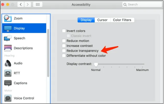 투명도 감소 옵션을 선택 해제하십시오.