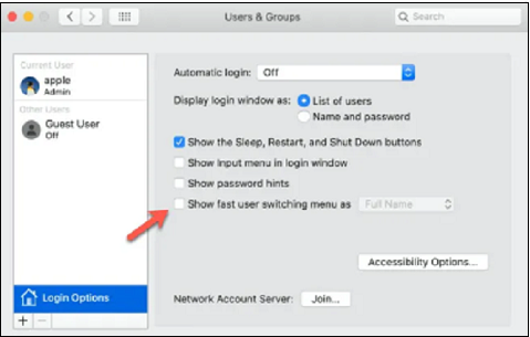 빠른 사용자 전환 메뉴를 상자로 표시 해제