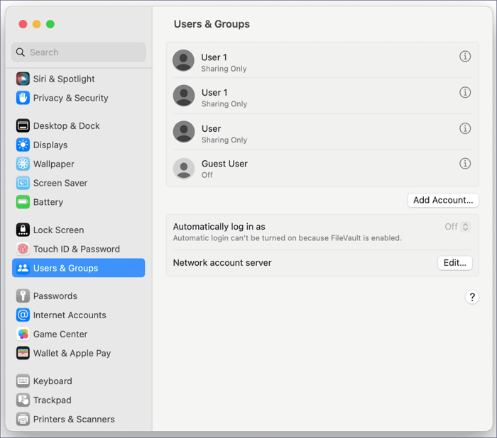 사용자 및 그룹을 클릭하십시오.