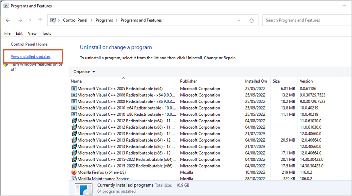 설치된 업데이트 보기를 클릭하세요.