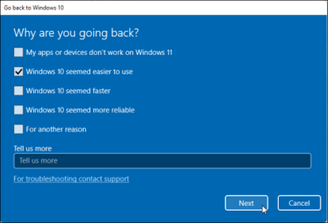 Windows 10으로 다시 다운그레이드하려는 이유