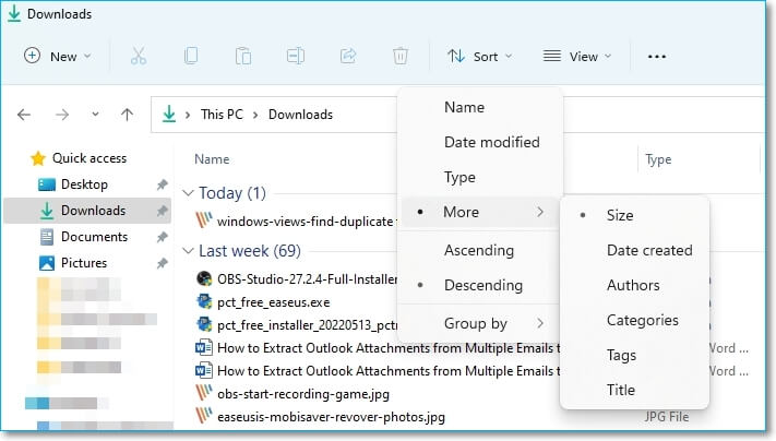 정렬 파일 크기 창