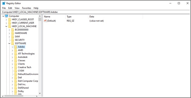 레지스트리로 이동하여 어도비 키를 찾으십시오.