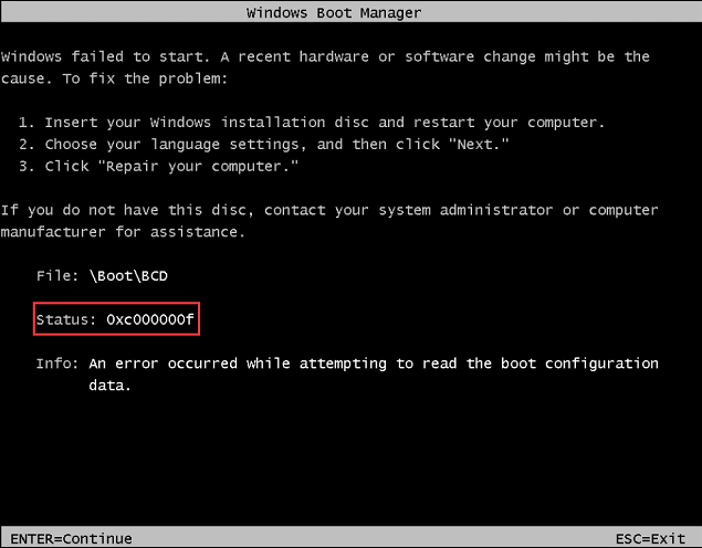 부팅 구성을 읽는 동안 오류가 발생했습니다.