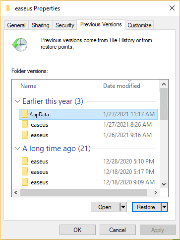 이전 버전으로 appdata 복원