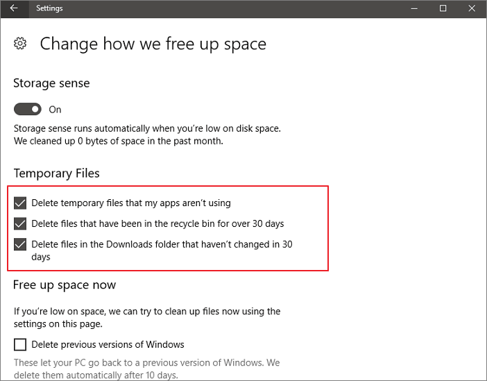 휴지통 자동 삭제를 중지하려면 두 번째 옵션의 선택을 취소하십시오.
