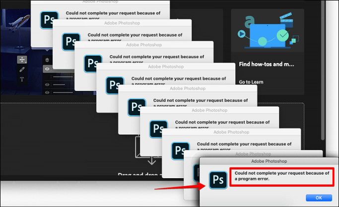 프로그램 오류 Photoshop 때문에 요청을 완료할 수 없습니다.