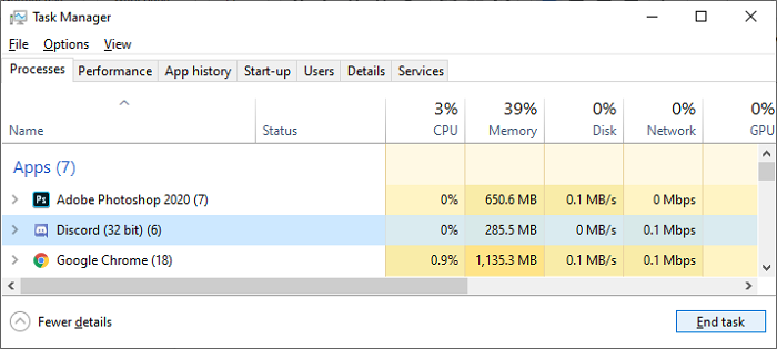 작업 관리자에서 불일치를 종료하여 문제가 열리지 않는 불일치를 수정하십시오.