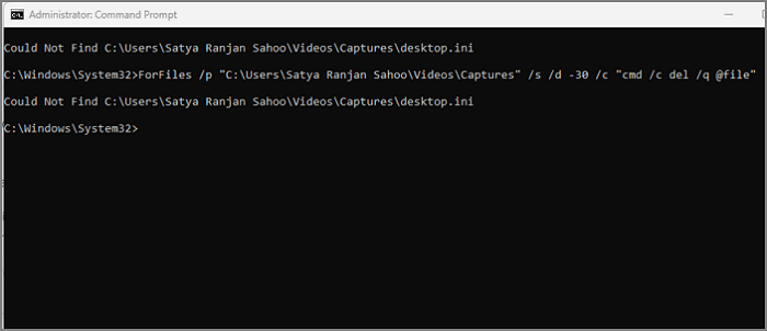 x일보다 오래된 파일을 삭제하려면 ForFile 명령을 입력하십시오.