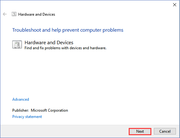 하드웨어 장치 문제 해결사 실행