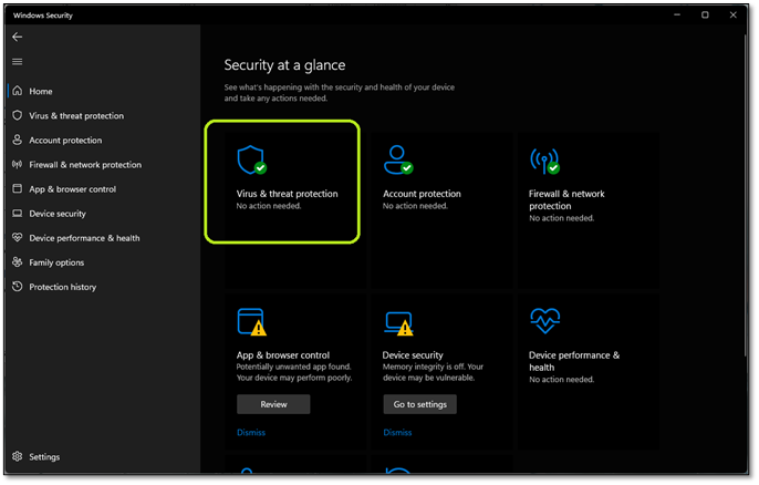 바이러스 및 위협 보호로 이동