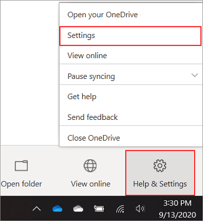 OneDrive에서 설정 열기