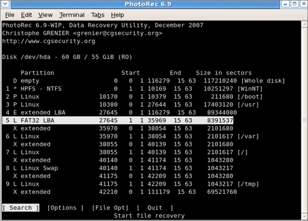 Linux 데이터 복구 소프트웨어 - PhotoRec