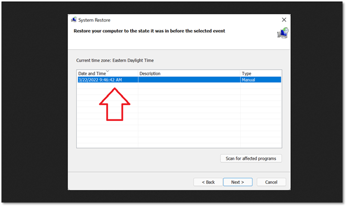 복원 지점을 선택