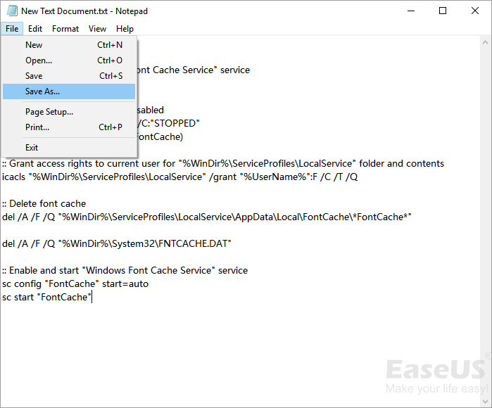 Windows FontCache 박쥐 파일을 만듭니다.