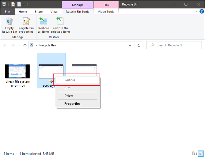 휴지통-2에서 삭제된 비디오 복구