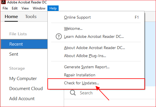 손상된 PDF 파일을 수정하기 위해 Adobe Acroba 업데이트
