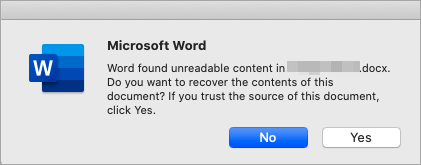 Word에서 읽을 수 없는 콘텐츠 오류를 찾았습니다.