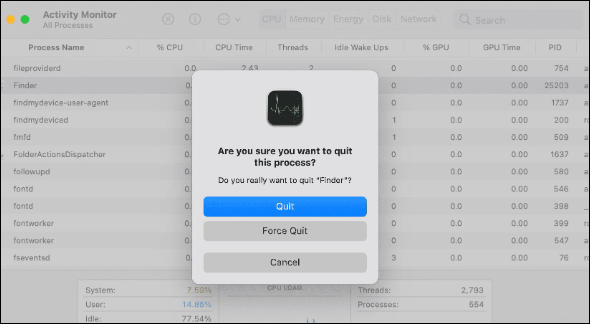 활동 모니터에서 Finder 닫기
