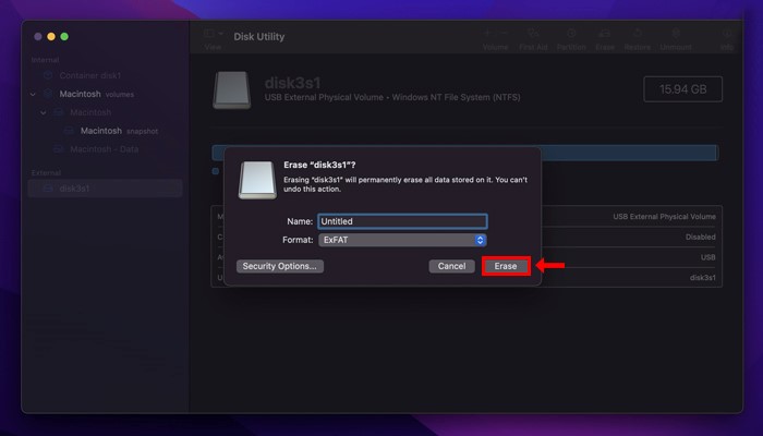 디스크 유틸리티에서 Mac 디스크 지우기