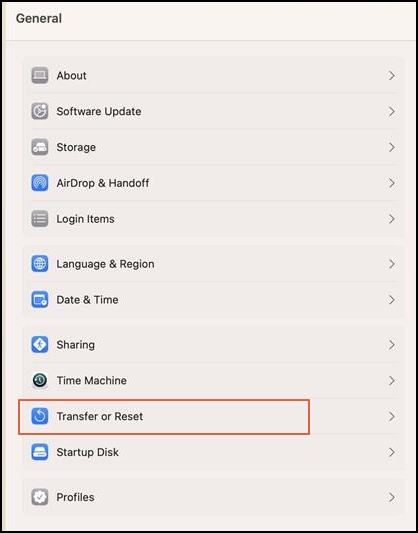 전송 또는 재설정을 클릭하십시오.