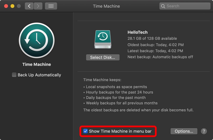 메뉴바에서 Show Time Machine 체크