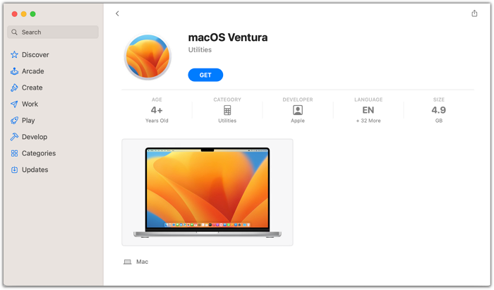 가져오기를 클릭하여 macOS Ventura를 다운로드하고 설치합니다.