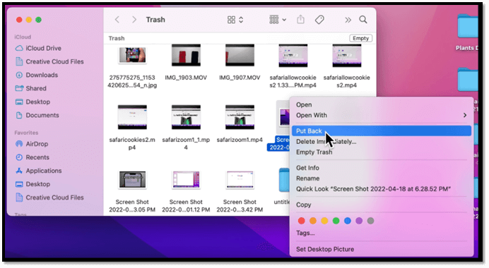Mac에서 삭제된 사진을 복구하려면 다시 넣기를 클릭하십시오.
