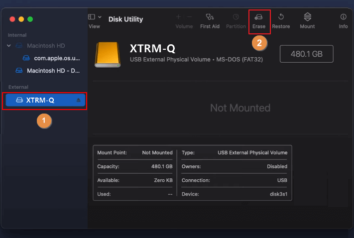 USB 또는 외장 하드 드라이브 지우기