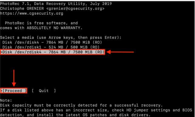 photorec에서 SD 카드를 선택하십시오