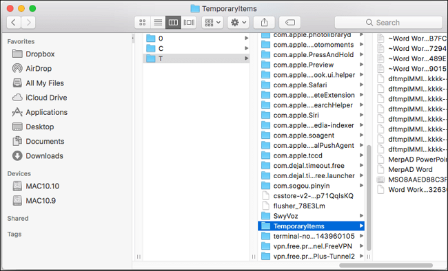 임시 항목 찾기 및 열기
