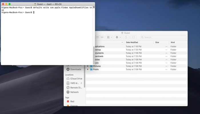 터미널 단계 2에서 파일 숨기기 해제