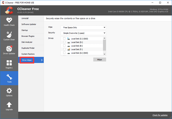 ccleaner 드라이브 와이퍼