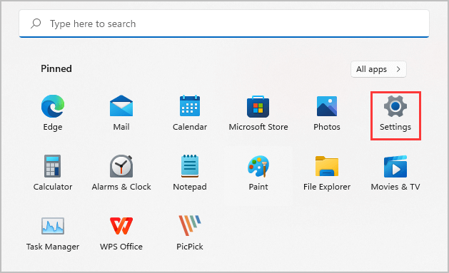 시작 메뉴에서 설정 클릭