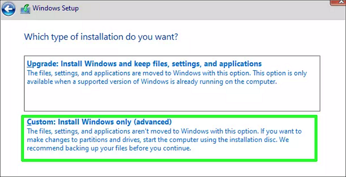사용자 지정 설치 선택