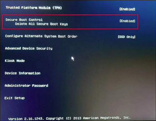 보안 부팅 켜기