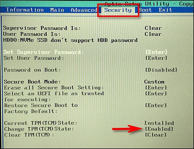 보안 페이지에서 tpm 활성화