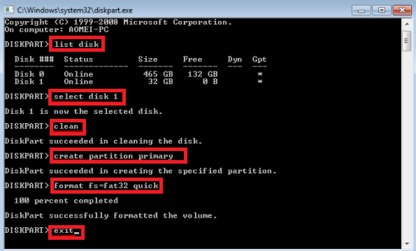 diskpart를 사용하여 UEFI 부팅 가능한 USB 생성
