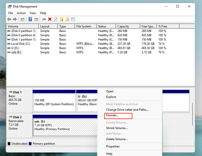 NTFS 장치를 선택하고 형식을 클릭하십시오.