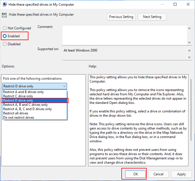 숨길 드라이브 선택