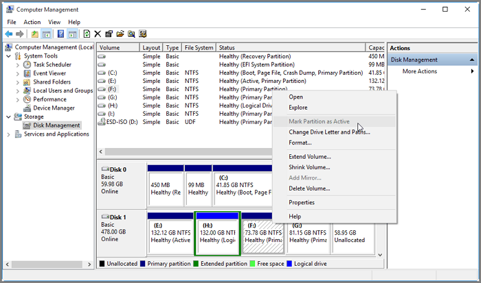 파티션을 활성으로 표시