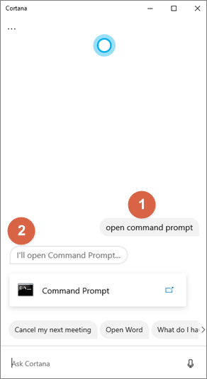명령 프롬프트를 열도록 cortana에 요청
