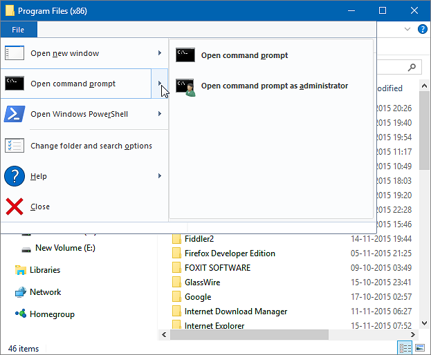 Windows 탐색기 파일 메뉴에서 명령 프롬프트 열기