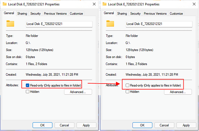 읽기 전용 선택 해제