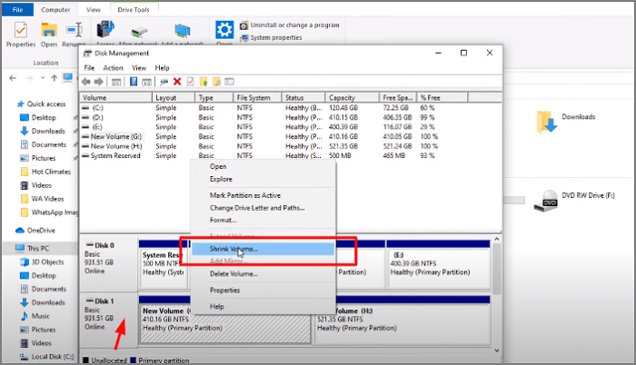 디스크를 마우스 오른쪽 버튼으로 클릭하고 볼륨 축소를 선택하십시오.